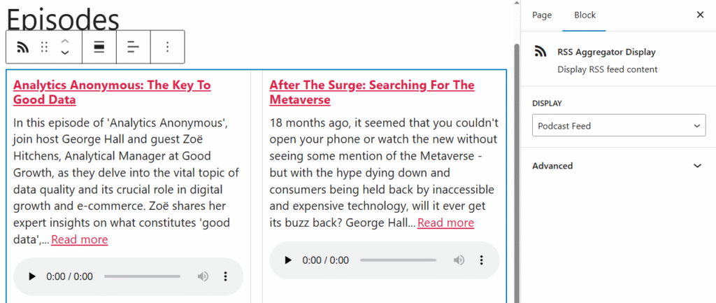 An Aggregator display for a podcast feed