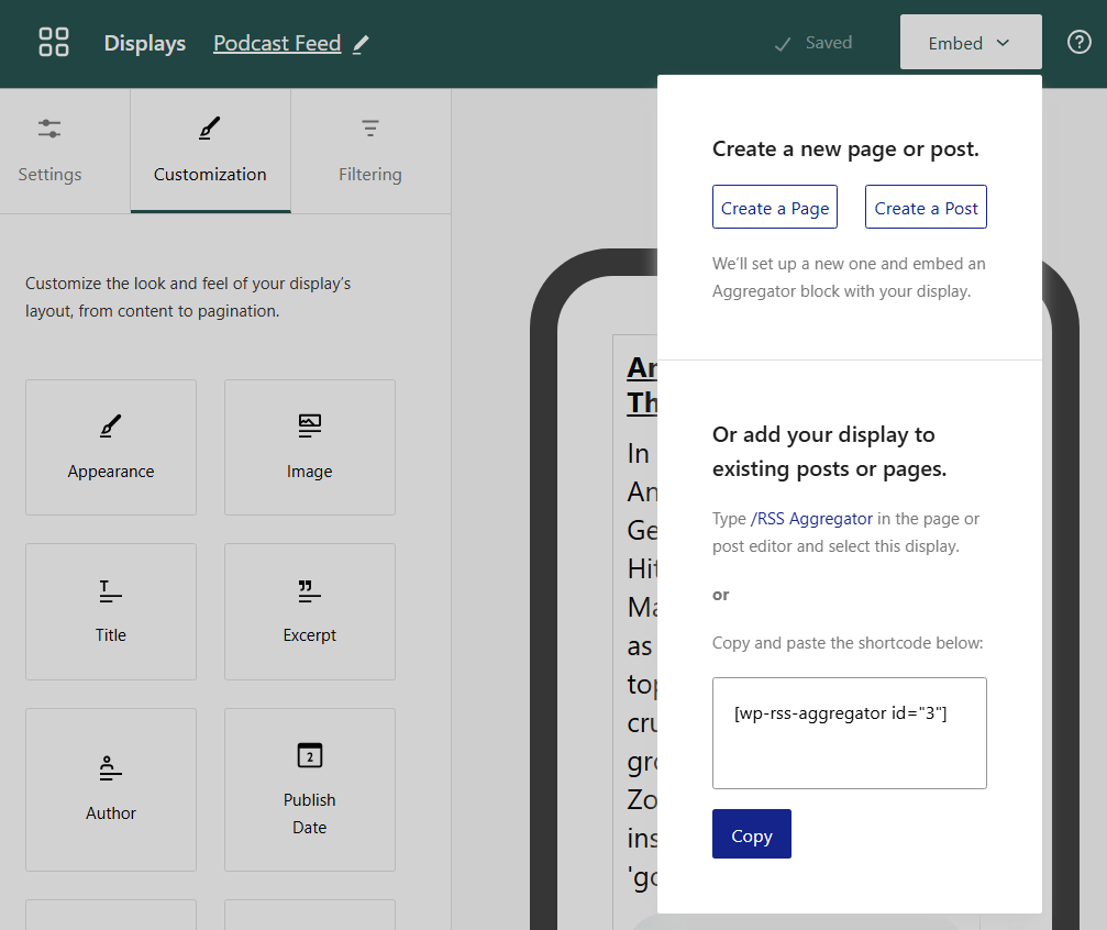Options to embed a pocast feed using WP RSS Aggregator