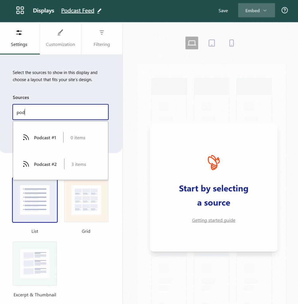 Selecting a podcast source for a display