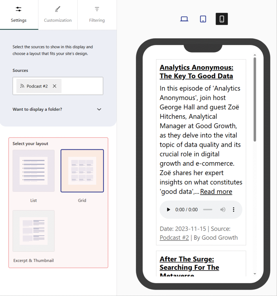 Selecting a layout for the podcast feed