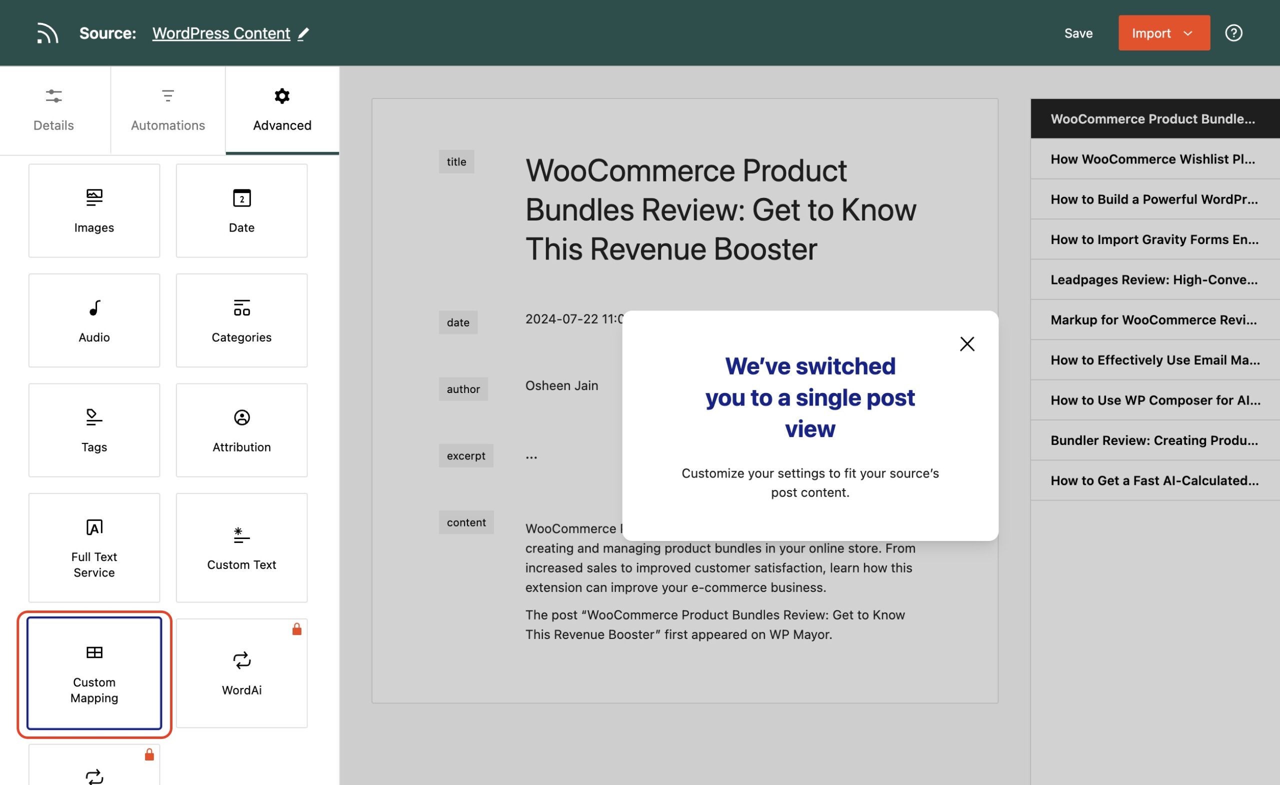 import rss feed to wordpress steps: Map feed to custom posts