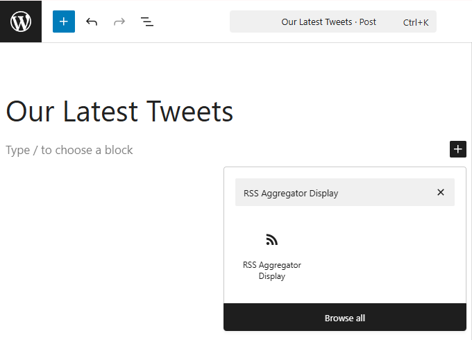 Selecting a block to place a WP RSS Aggregator display