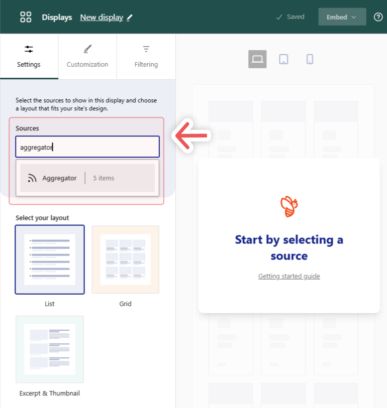 Setting up a display in Aggregator