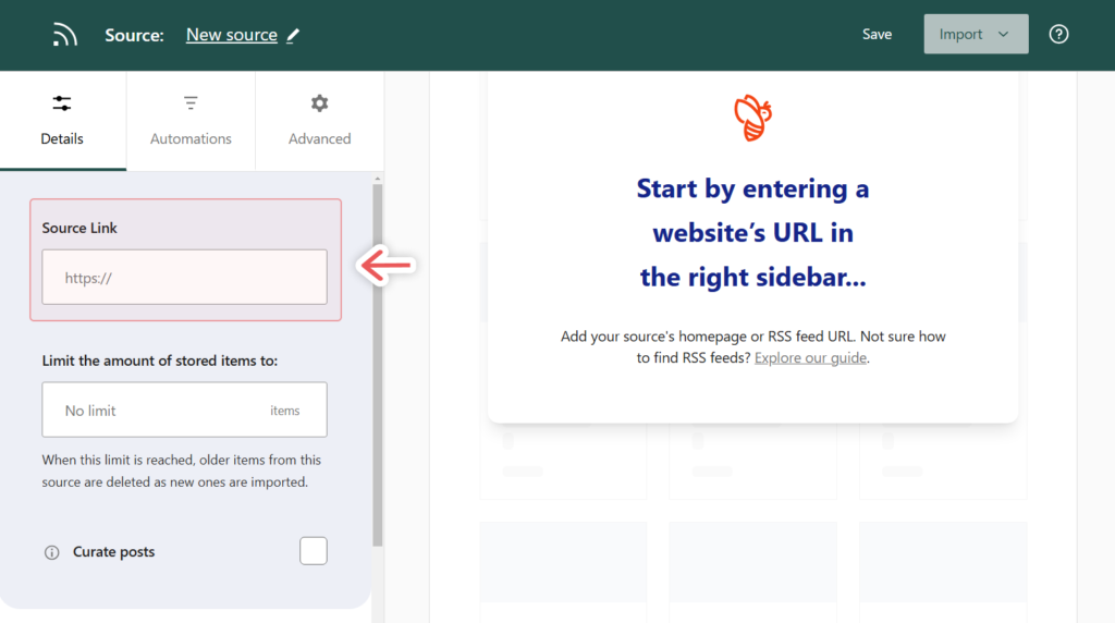 Add a new source URL to start generating RSS feeds