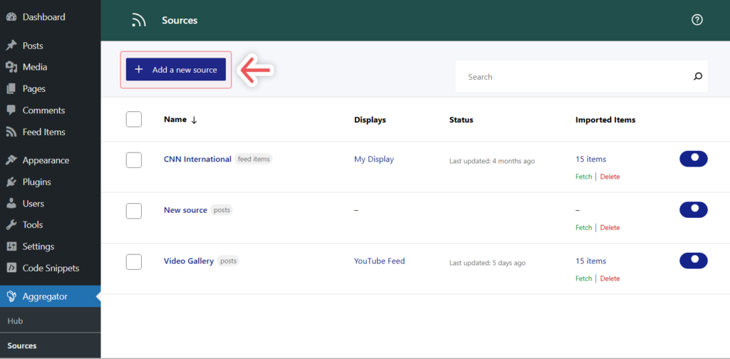 Adding a new source in Aggregator