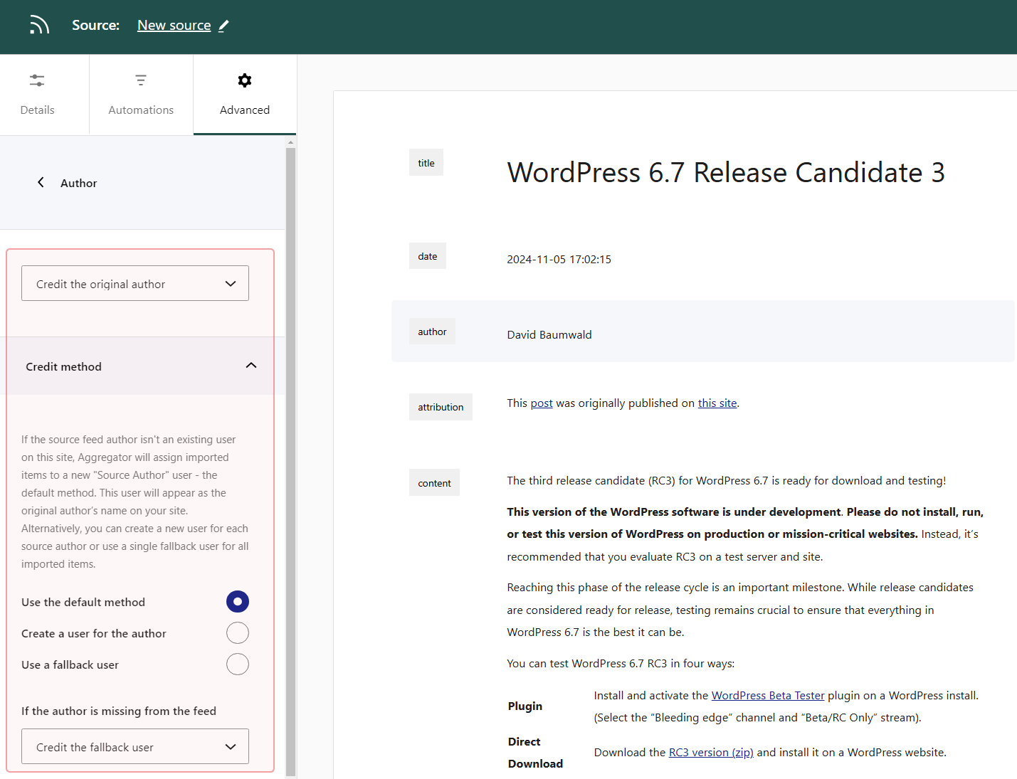 Options to credit imported feed content in Aggregator