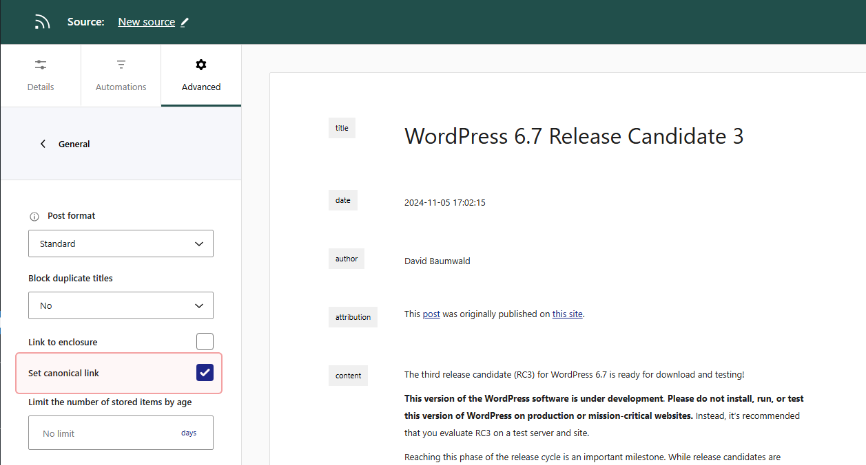 Setting a canonical link for a feed source in Aggregator