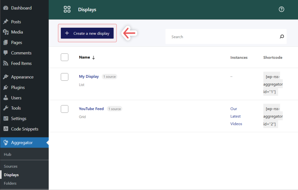 Creating a new display in Aggregator