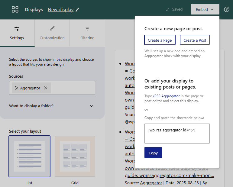 Options to embed a feed in Aggregator