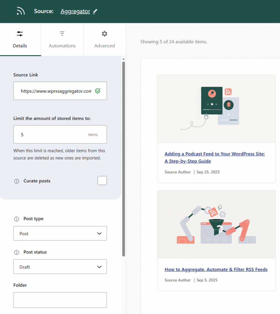 Adding a source in WP RSS Aggregator