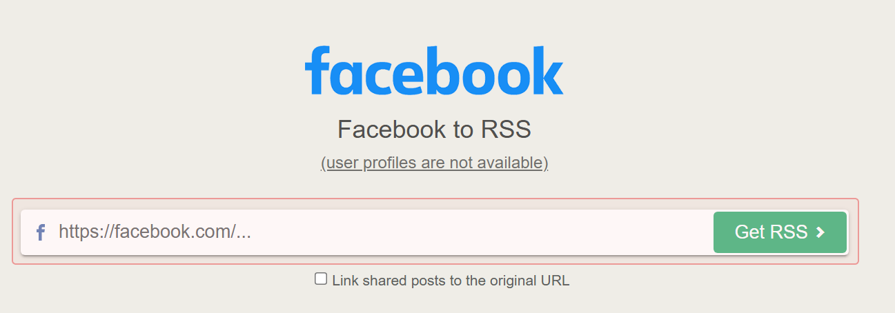 Entering the URL of the specific Facebook page from which to generate an RSS feed on fetchrss.com/facebook