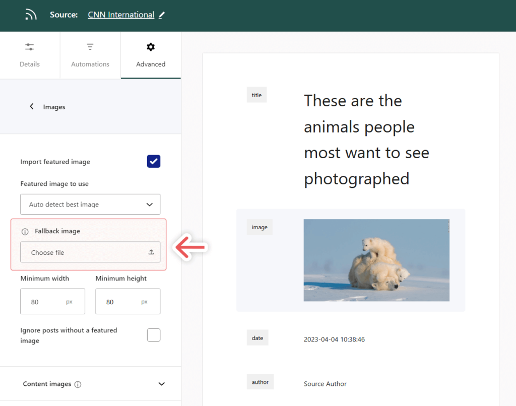 Configuring a fallback image for a source in Aggregator