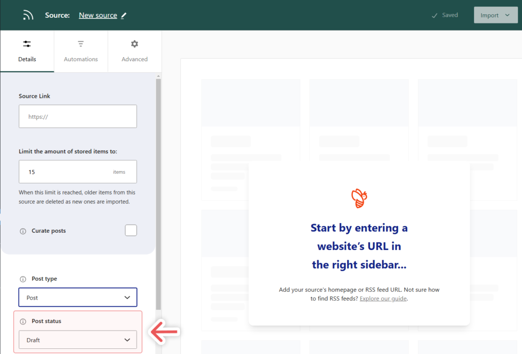 Configuring a Feed to Post source to save items as drafts