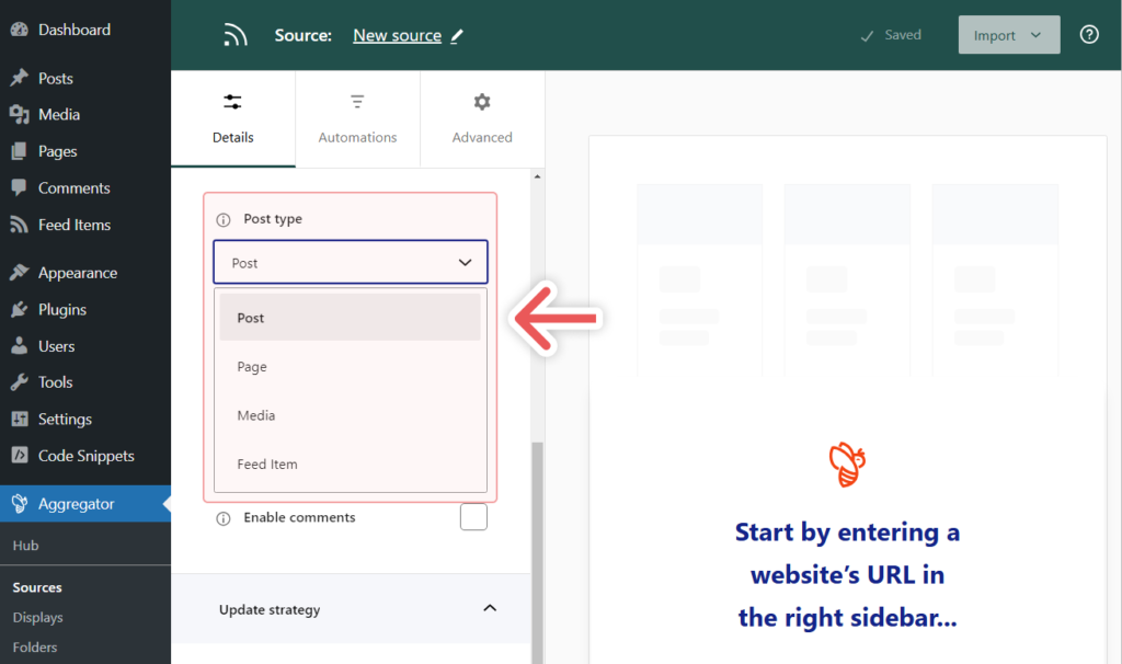 Setting the Post type to Post in WP RSS Aggregator’s source settings
