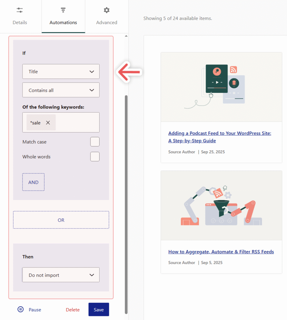 A filter for an RSS feed source in WP RSS Aggregator