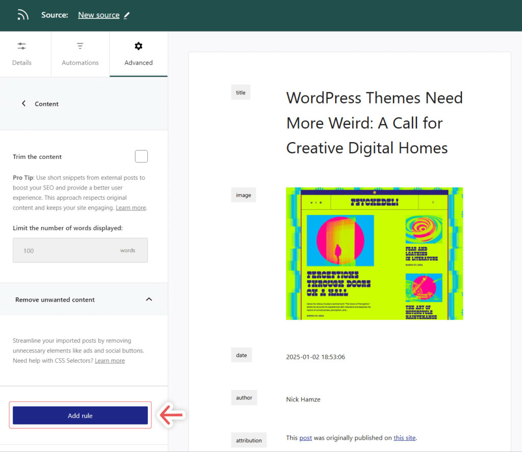 Adding a rule to remove unwanted content from a source in Aggregator