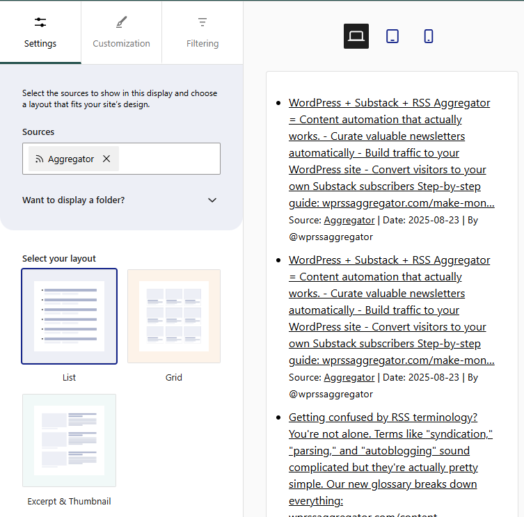Selecting a layout for a social media feed in Aggregator
