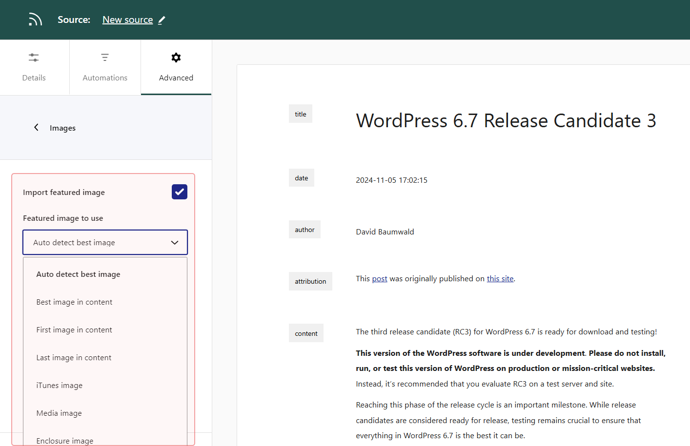 Control the featured image when you Add feed to import RSS feeds into WordPress