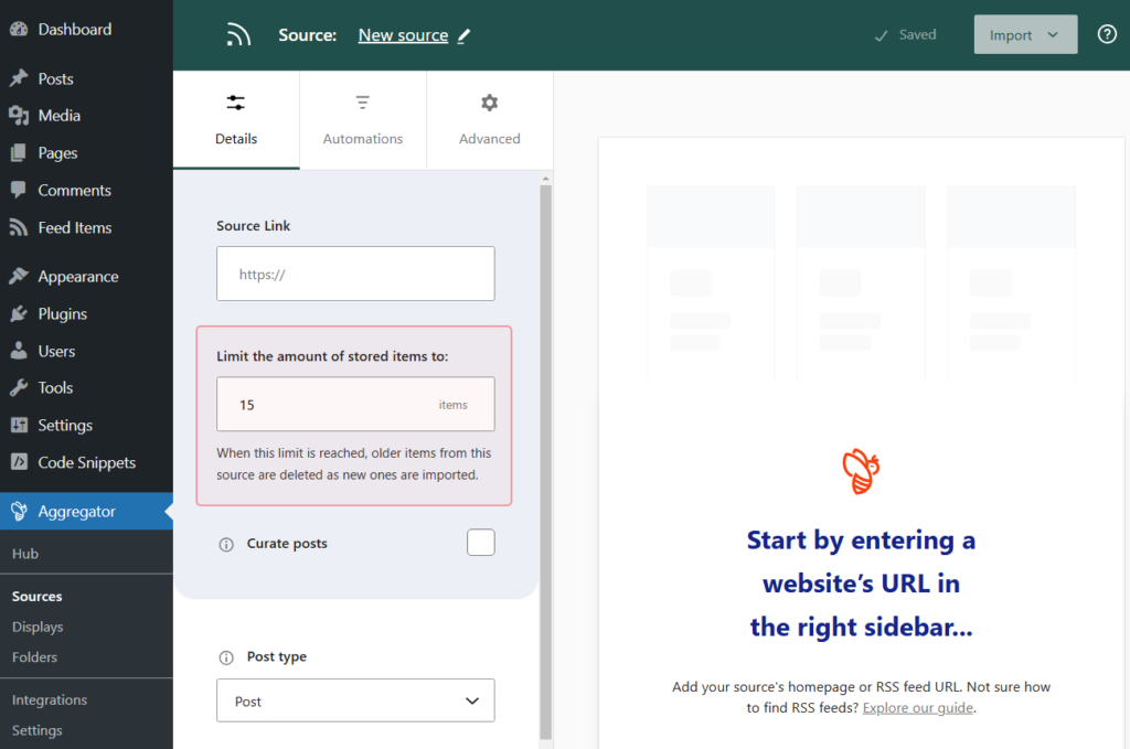 Setting a limit on the maximum number of imported items in WP RSS Aggregator’s Feed Source settings